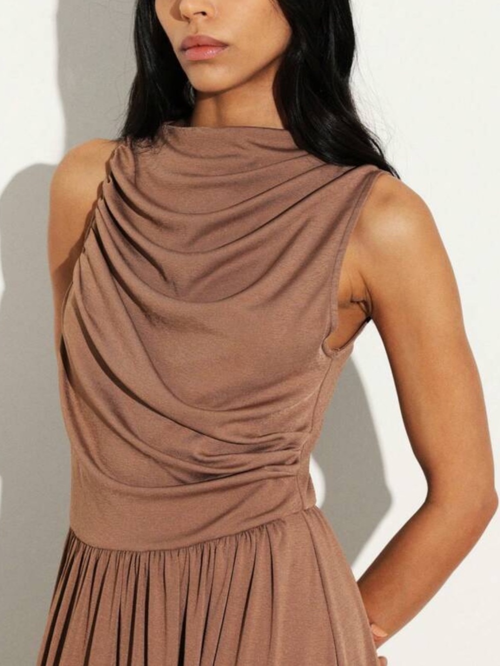 Sleeveless Draped Brown Maxi Dress - Picture 5 of 7